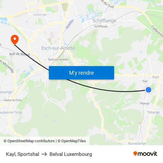 Kayl, Sportshal to Belval Luxembourg map