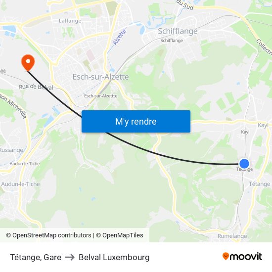 Tétange, Gare to Belval Luxembourg map