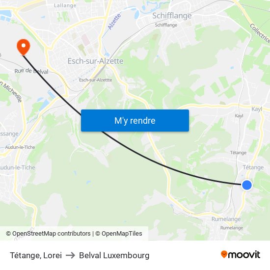 Tétange, Lorei to Belval Luxembourg map