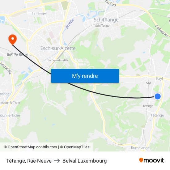 Tétange, Rue Neuve to Belval Luxembourg map