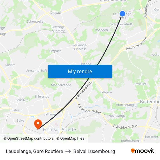 Leudelange, Gare Routière to Belval Luxembourg map