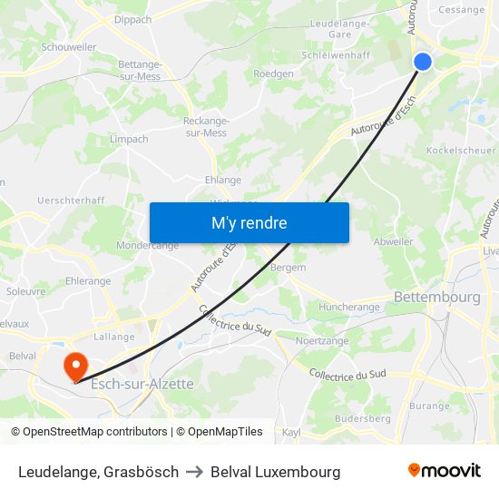 Leudelange, Grasbösch to Belval Luxembourg map