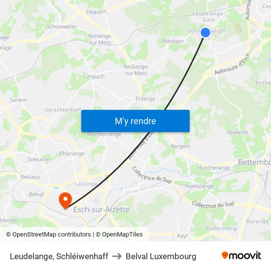 Leudelange, Schléiwenhaff to Belval Luxembourg map