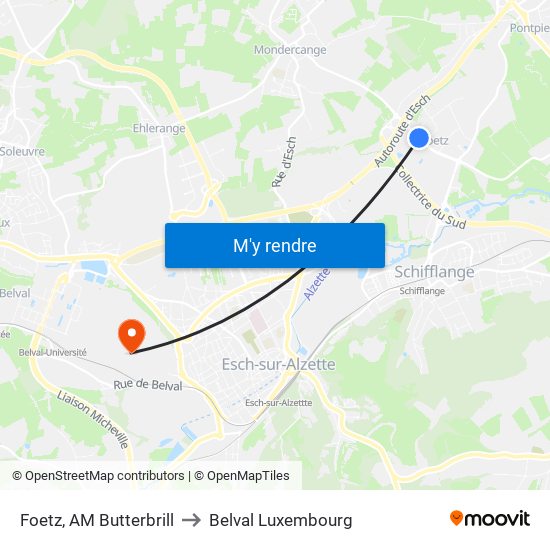 Foetz, AM Butterbrill to Belval Luxembourg map