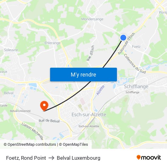 Foetz, Rond Point to Belval Luxembourg map