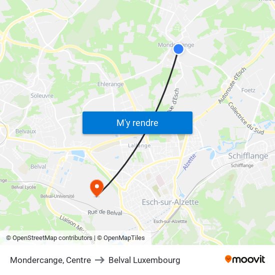 Mondercange, Centre to Belval Luxembourg map