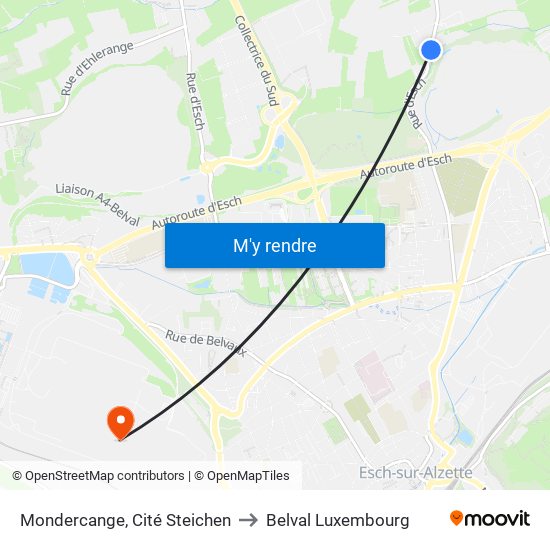 Mondercange, Cité Steichen to Belval Luxembourg map