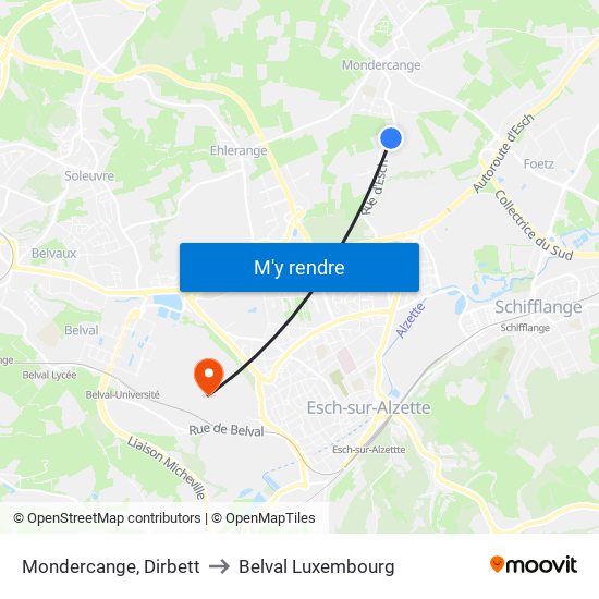 Mondercange, Dirbett to Belval Luxembourg map