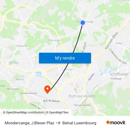 Mondercange, J.Bleser Plaz to Belval Luxembourg map