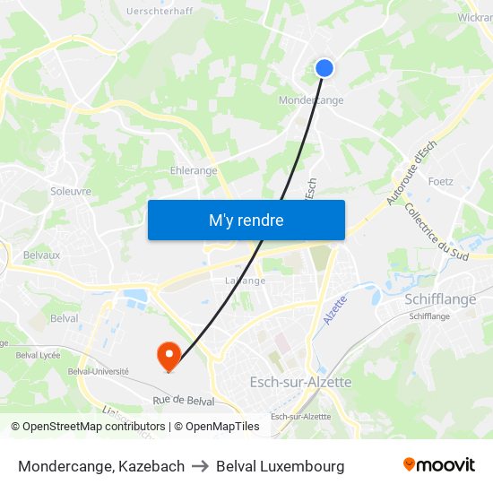 Mondercange, Kazebach to Belval Luxembourg map