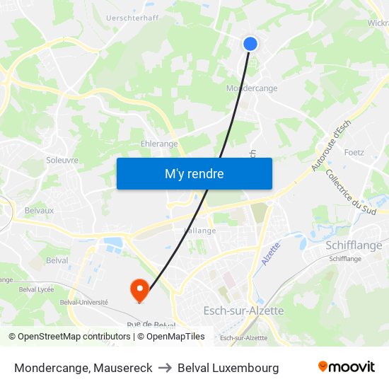 Mondercange, Mausereck to Belval Luxembourg map