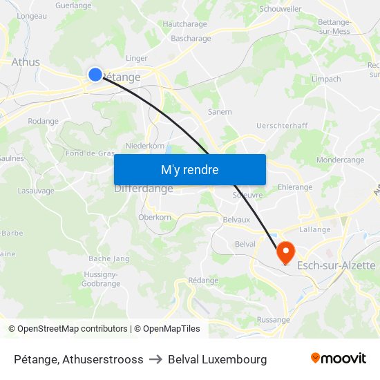 Pétange, Athuserstrooss to Belval Luxembourg map