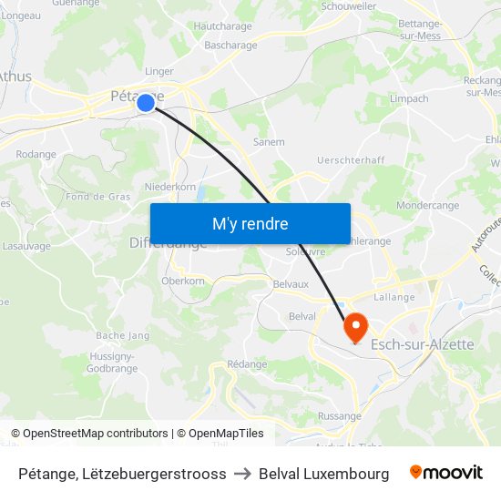 Pétange, Lëtzebuergerstrooss to Belval Luxembourg map