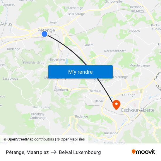Pétange, Maartplaz to Belval Luxembourg map