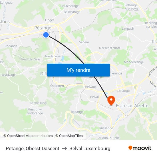 Pétange, Oberst Dässent to Belval Luxembourg map