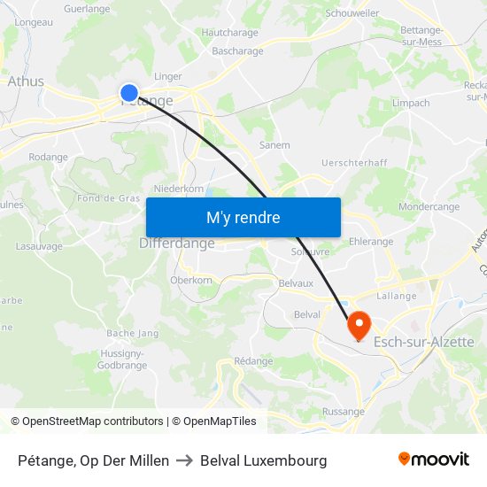 Pétange, Op Der Millen to Belval Luxembourg map