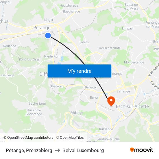 Pétange, Prënzebierg to Belval Luxembourg map