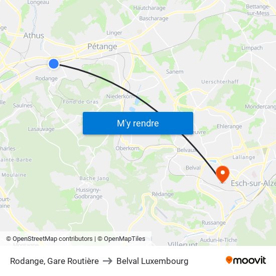 Rodange, Gare Routière to Belval Luxembourg map