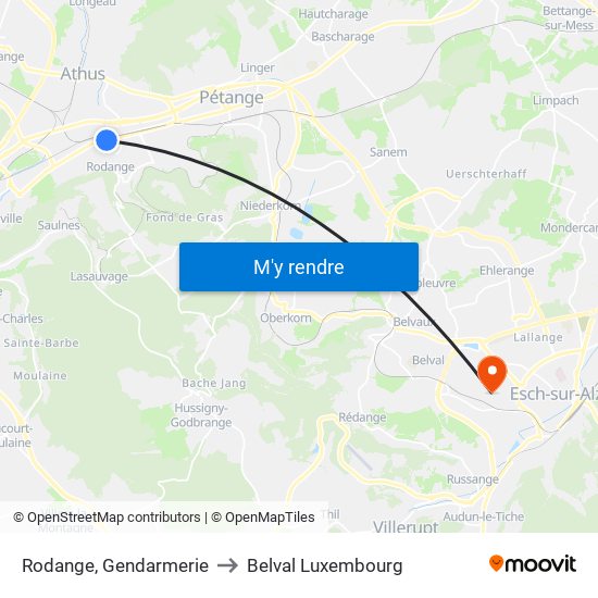 Rodange, Gendarmerie to Belval Luxembourg map