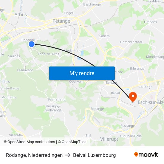 Rodange, Niederredingen to Belval Luxembourg map