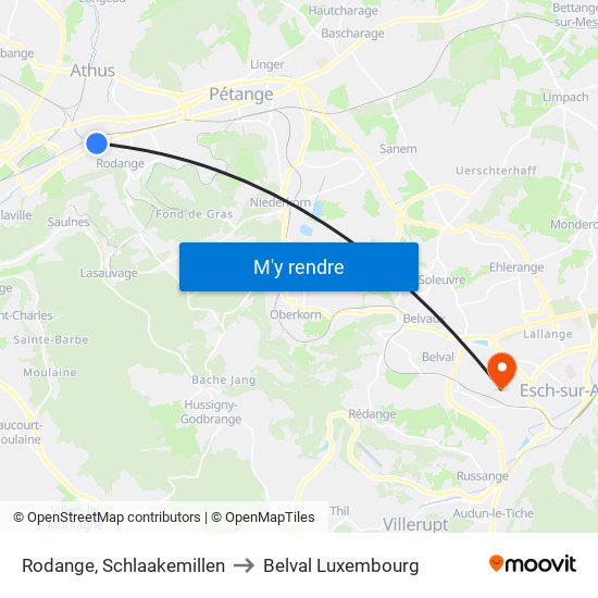 Rodange, Schlaakemillen to Belval Luxembourg map