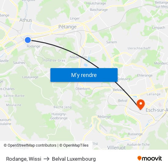 Rodange, Wissi to Belval Luxembourg map