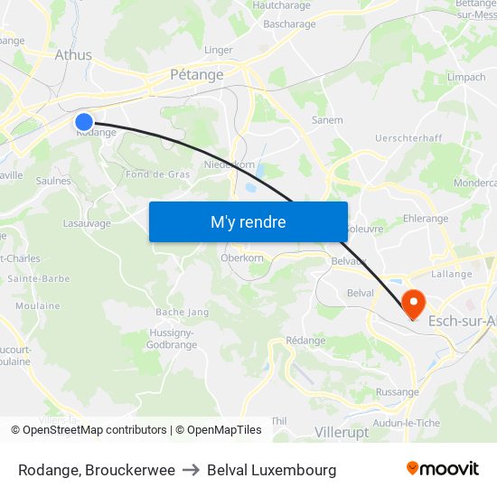 Rodange, Brouckerwee to Belval Luxembourg map
