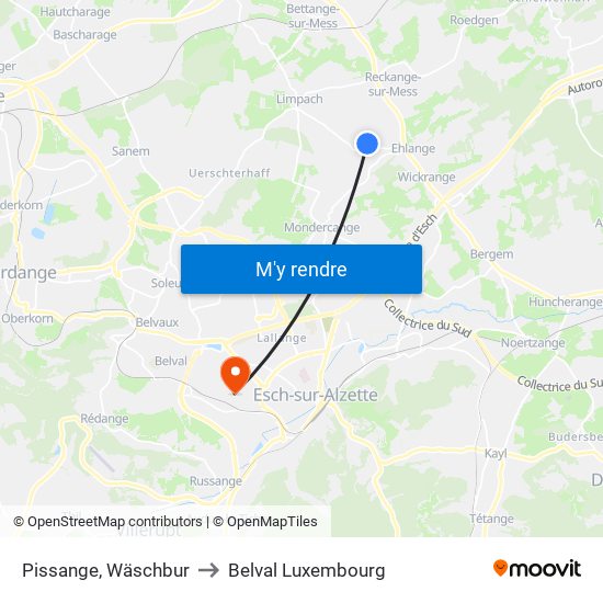 Pissange, Wäschbur to Belval Luxembourg map