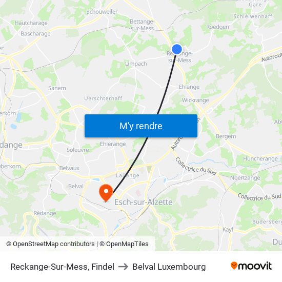 Reckange-Sur-Mess, Findel to Belval Luxembourg map