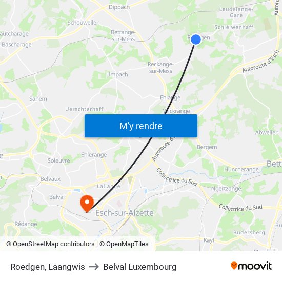 Roedgen, Laangwis to Belval Luxembourg map