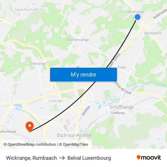 Wickrange, Rumbaach to Belval Luxembourg map