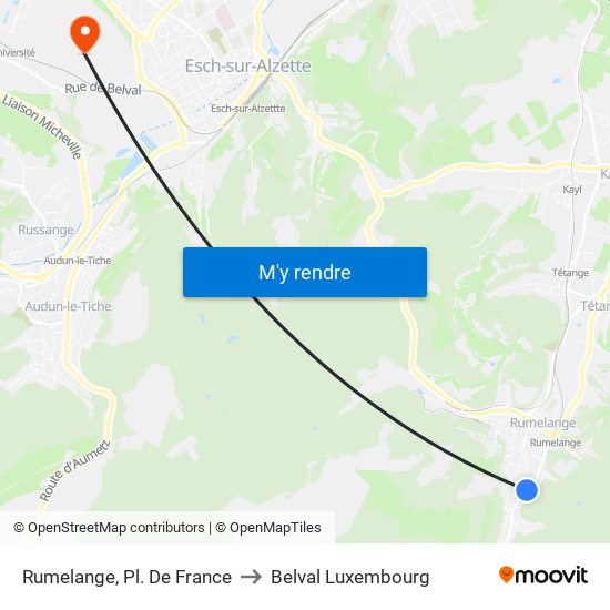 Rumelange, Pl. De France to Belval Luxembourg map