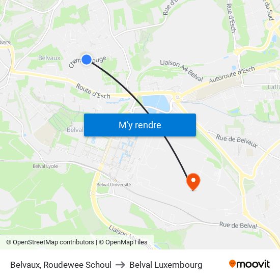Belvaux, Roudewee Schoul to Belval Luxembourg map