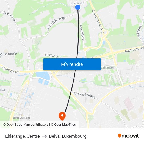Ehlerange, Centre to Belval Luxembourg map