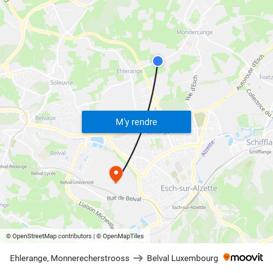 Ehlerange, Monnerecherstrooss to Belval Luxembourg map