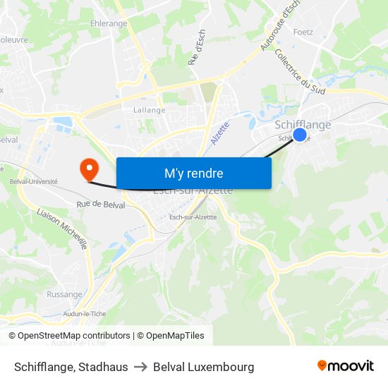 Schifflange, Stadhaus to Belval Luxembourg map