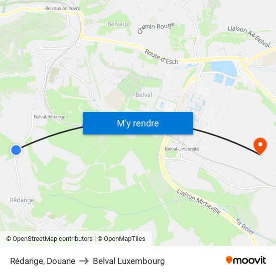 Rédange, Douane to Belval Luxembourg map