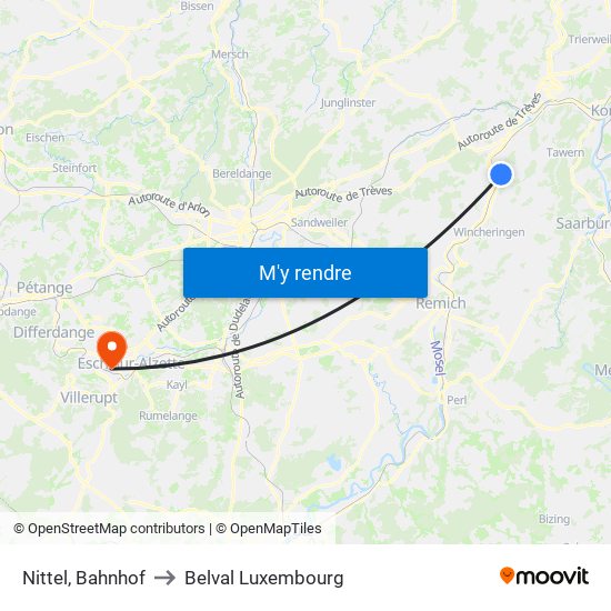 Nittel, Bahnhof to Belval Luxembourg map