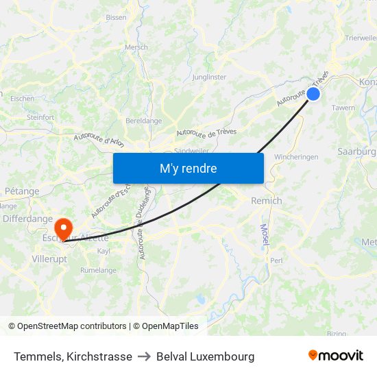 Temmels, Kirchstrasse to Belval Luxembourg map