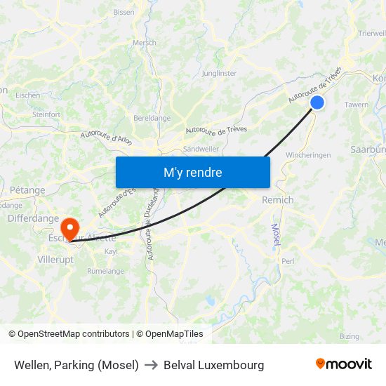 Wellen, Parking (Mosel) to Belval Luxembourg map