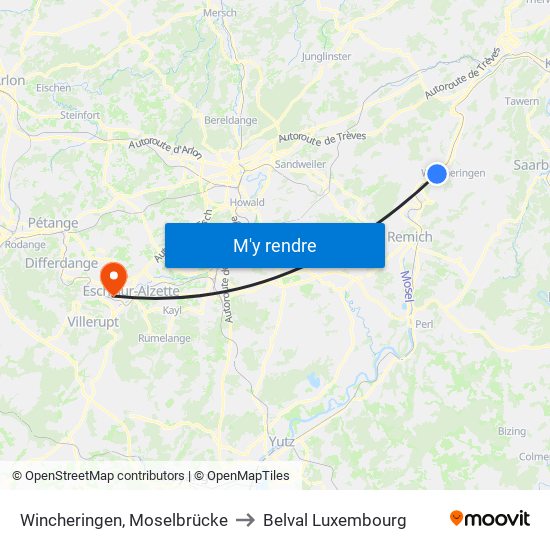 Wincheringen, Moselbrücke to Belval Luxembourg map