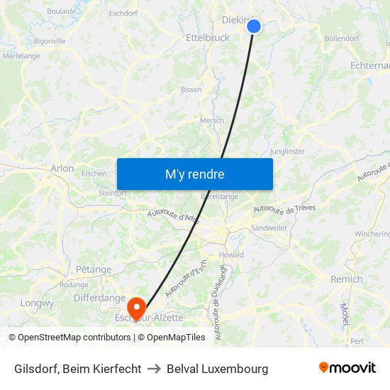 Gilsdorf, Beim Kierfecht to Belval Luxembourg map