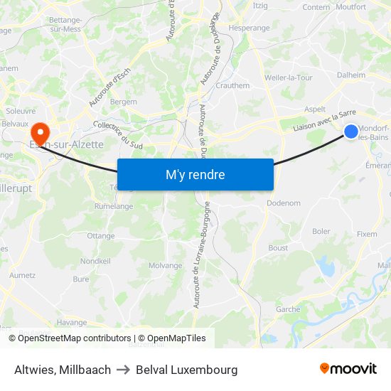 Altwies, Millbaach to Belval Luxembourg map