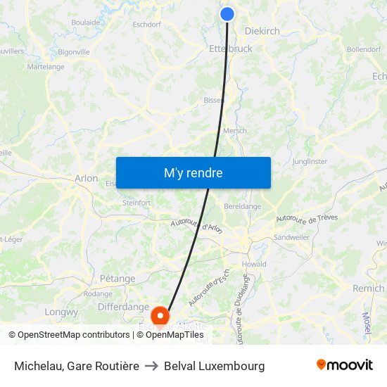 Michelau, Gare Routière to Belval Luxembourg map