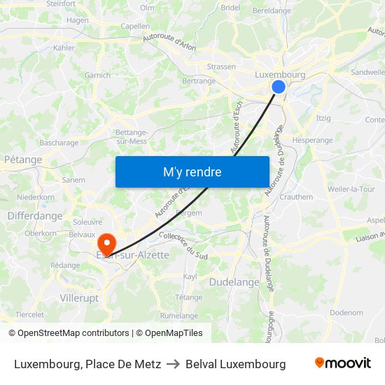 Luxembourg, Place De Metz to Belval Luxembourg map