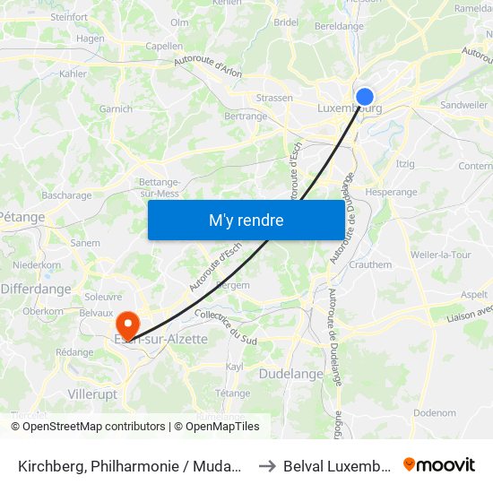 Kirchberg, Philharmonie / Mudam (Bus) to Belval Luxembourg map