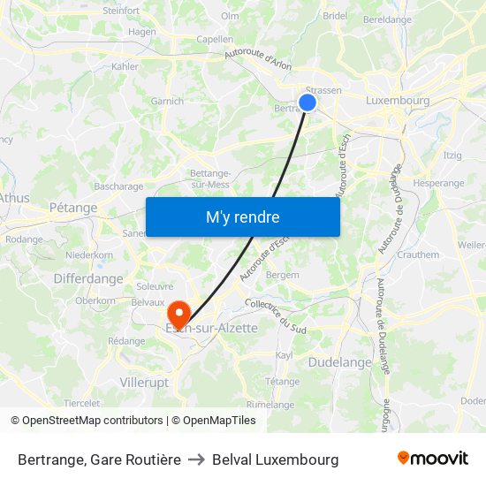 Bertrange, Gare Routière to Belval Luxembourg map