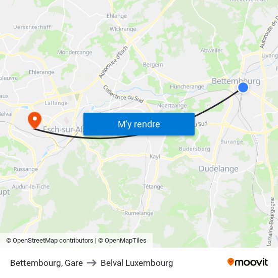 Bettembourg, Gare to Belval Luxembourg map