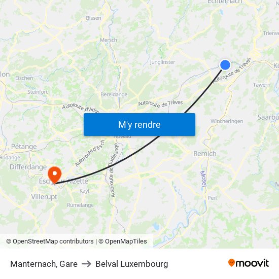 Manternach, Gare to Belval Luxembourg map
