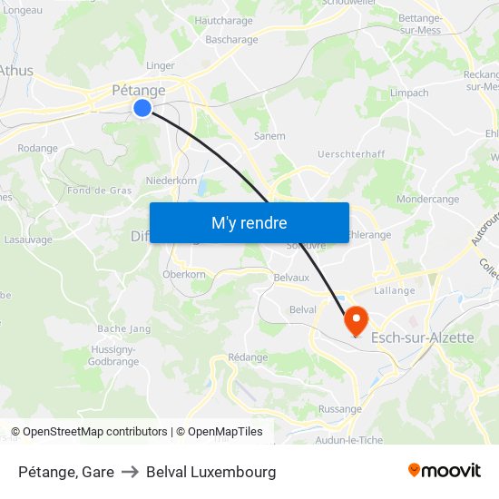 Pétange, Gare to Belval Luxembourg map